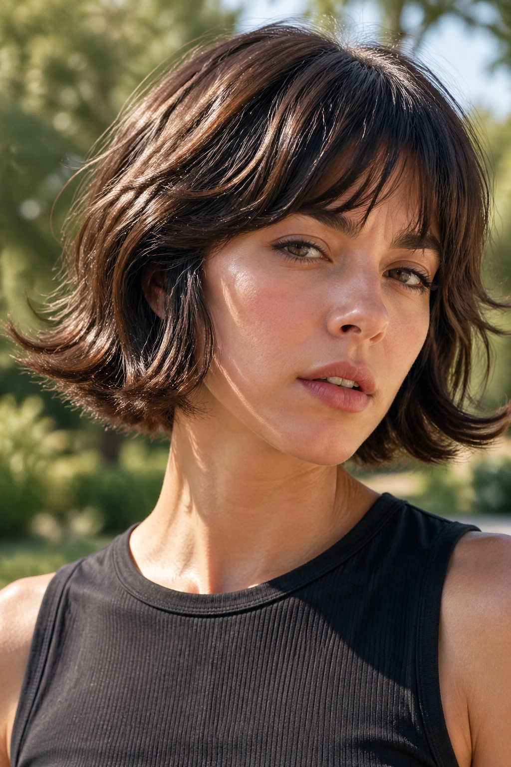 Close-up of a real person with a flipped-out French Bob Wolf Cut in sunny outdoor light