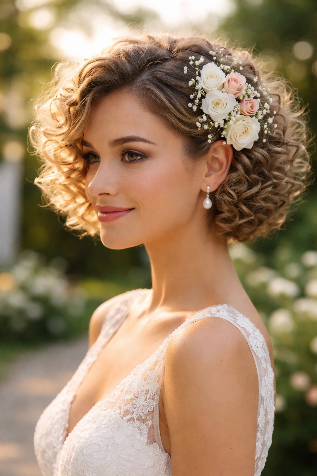 Short curls with a single floral cluster clip above the temple