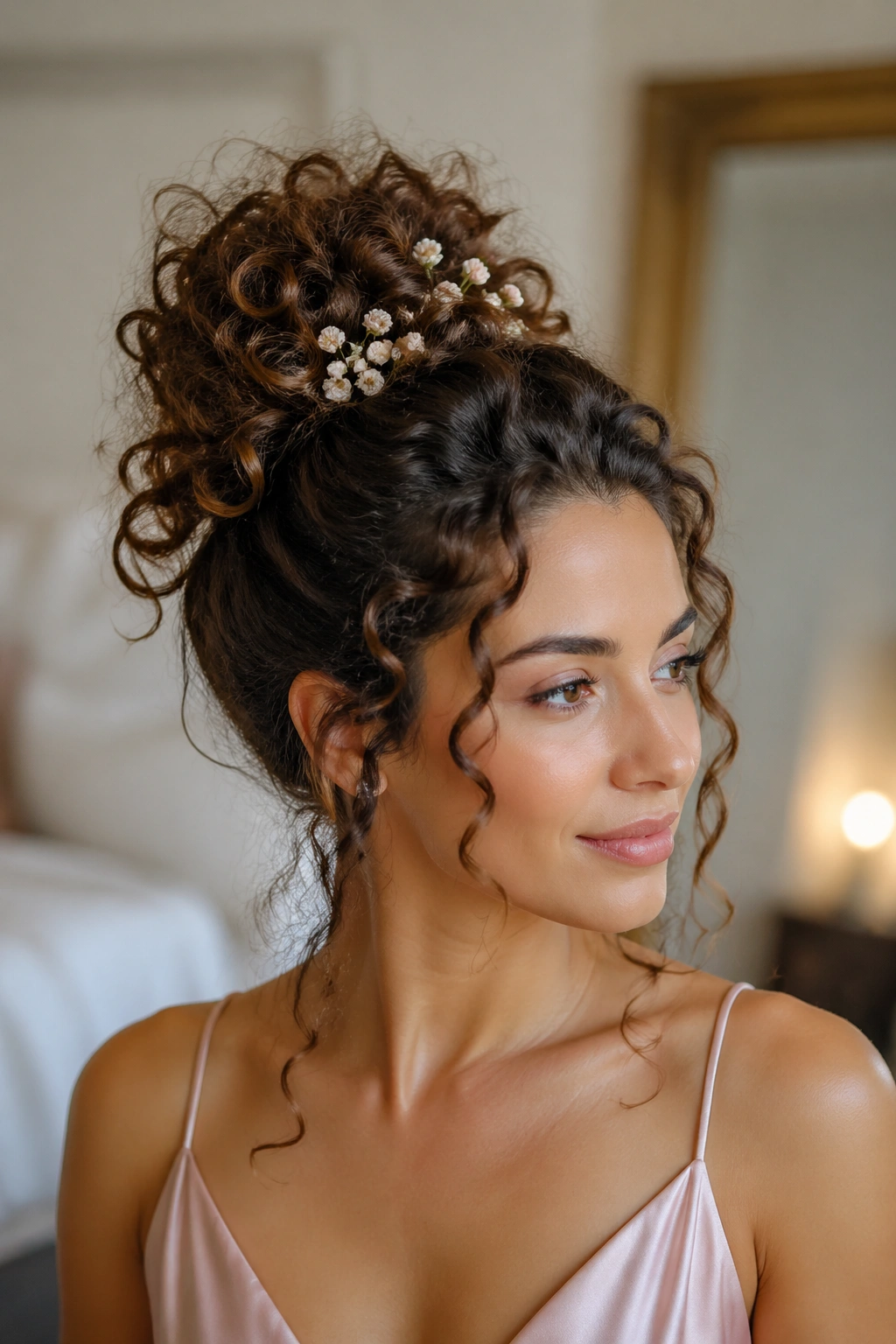 Close-up of a real woman with a floral-curly bun and delicate flowers