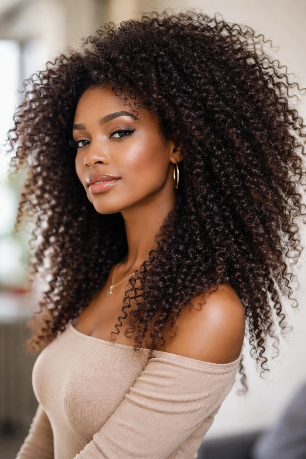 Fluffy long curly afro with stretched ends and lifted crown