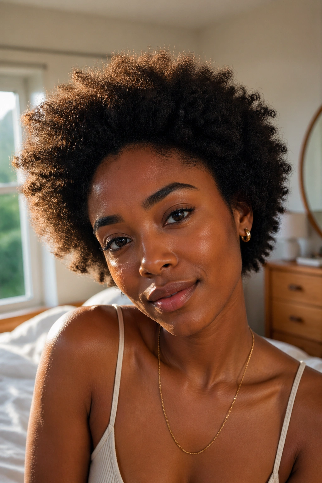 Close-up portrait of a real woman with a fluffy picked-out mini afro in soft daylight.