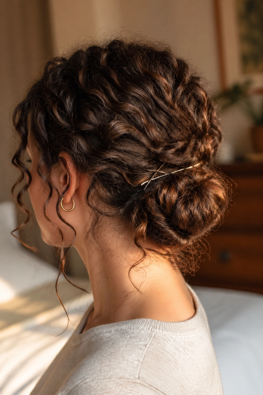 Close-up of folded-in chignon hairstyle on curly hair