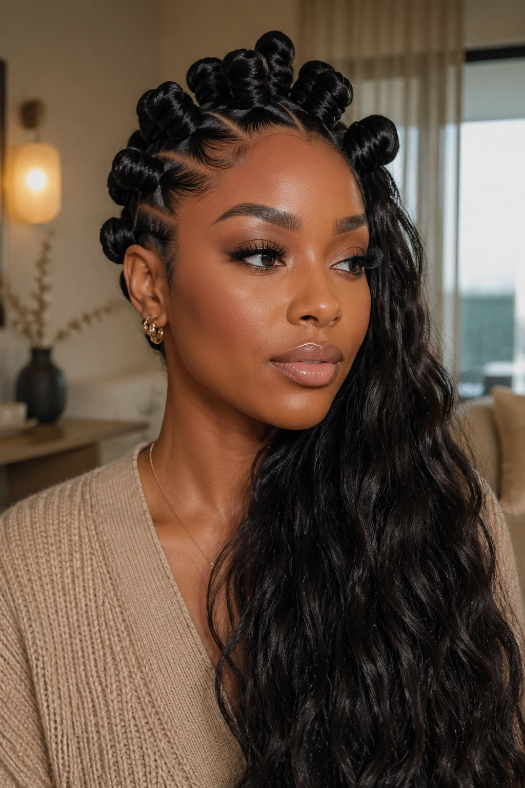 Side-swept Bantu knots on a real person in a polished look.