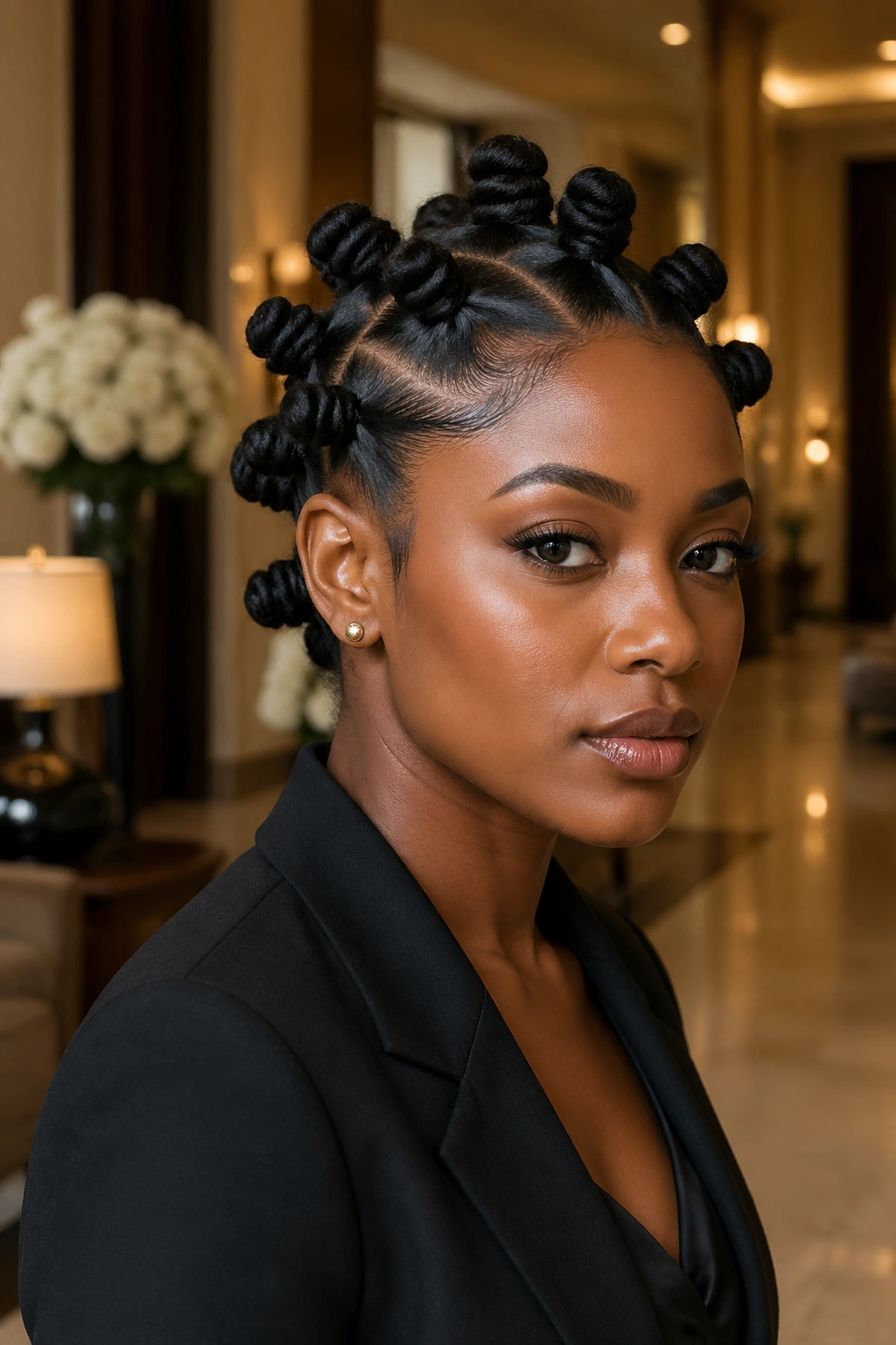 Head-and-shoulders portrait of a person with formal sleek knots on locs, crisp roots and defined parts