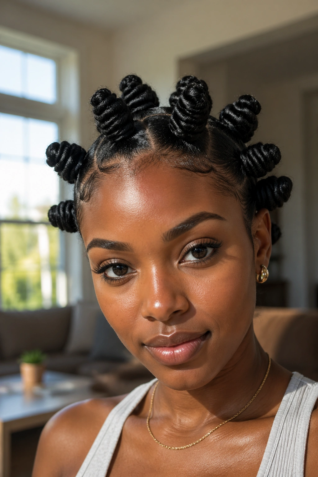 Close-up of a real woman with forward-swept medium Bantu knots under natural window light.