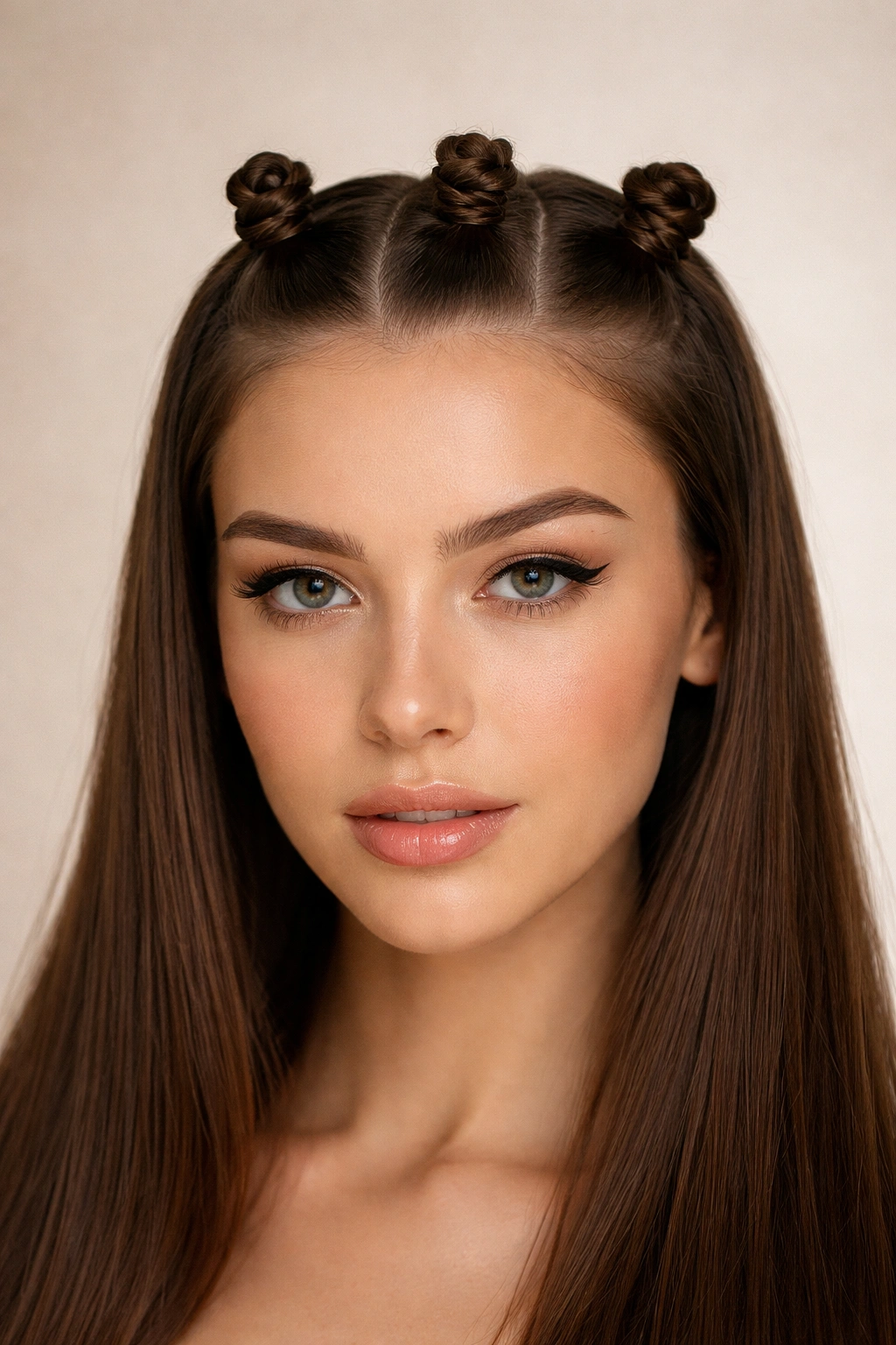 Four mini knots across the hairline on straight hair