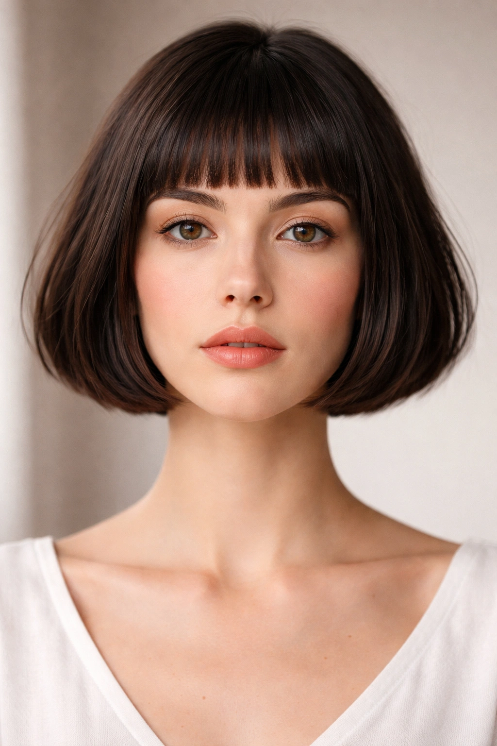 Frontal view of French bob with tiny fringe at chin length