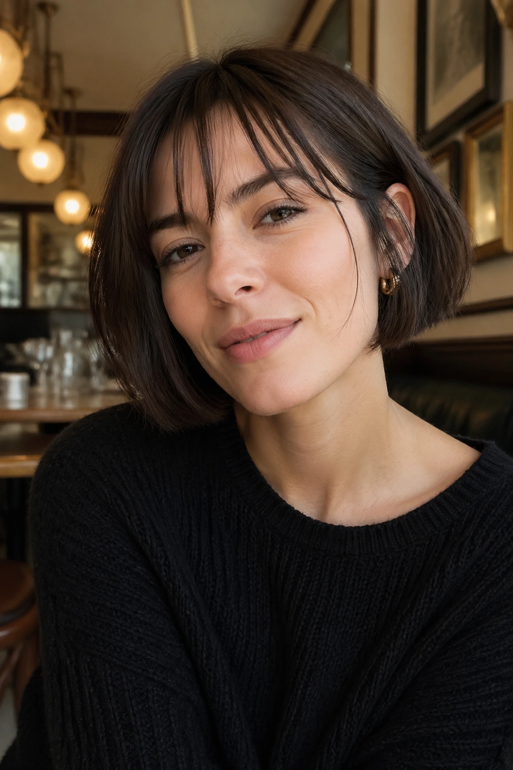 Close-up portrait of a real woman with a French bob and airy fringe.