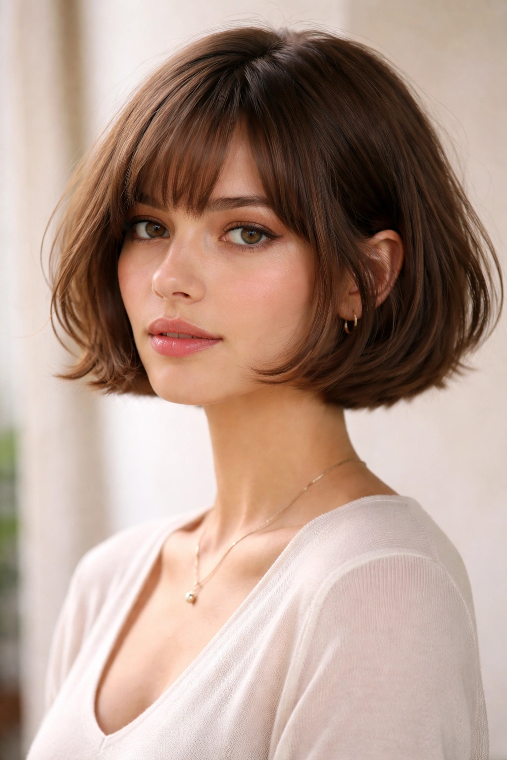 Close-up of French bob with airy internal layers and neat outer edge