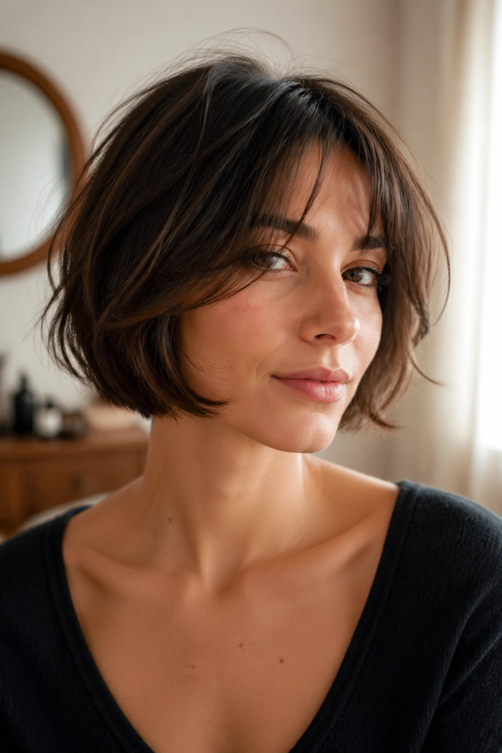 Portrait of a real woman with a French bob featuring soft airy layers