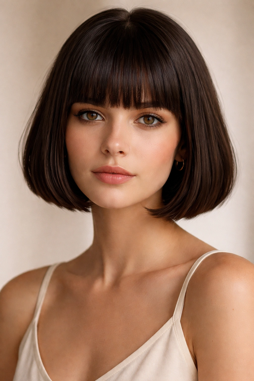 Frontal view of French bob with full blunt bangs highlighting bold fringe and silhouette