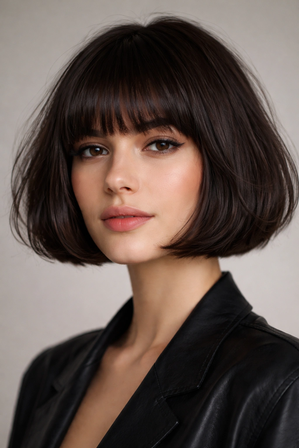 Close-up of a French Bob with eyebrow-grazing bangs in studio lighting.
