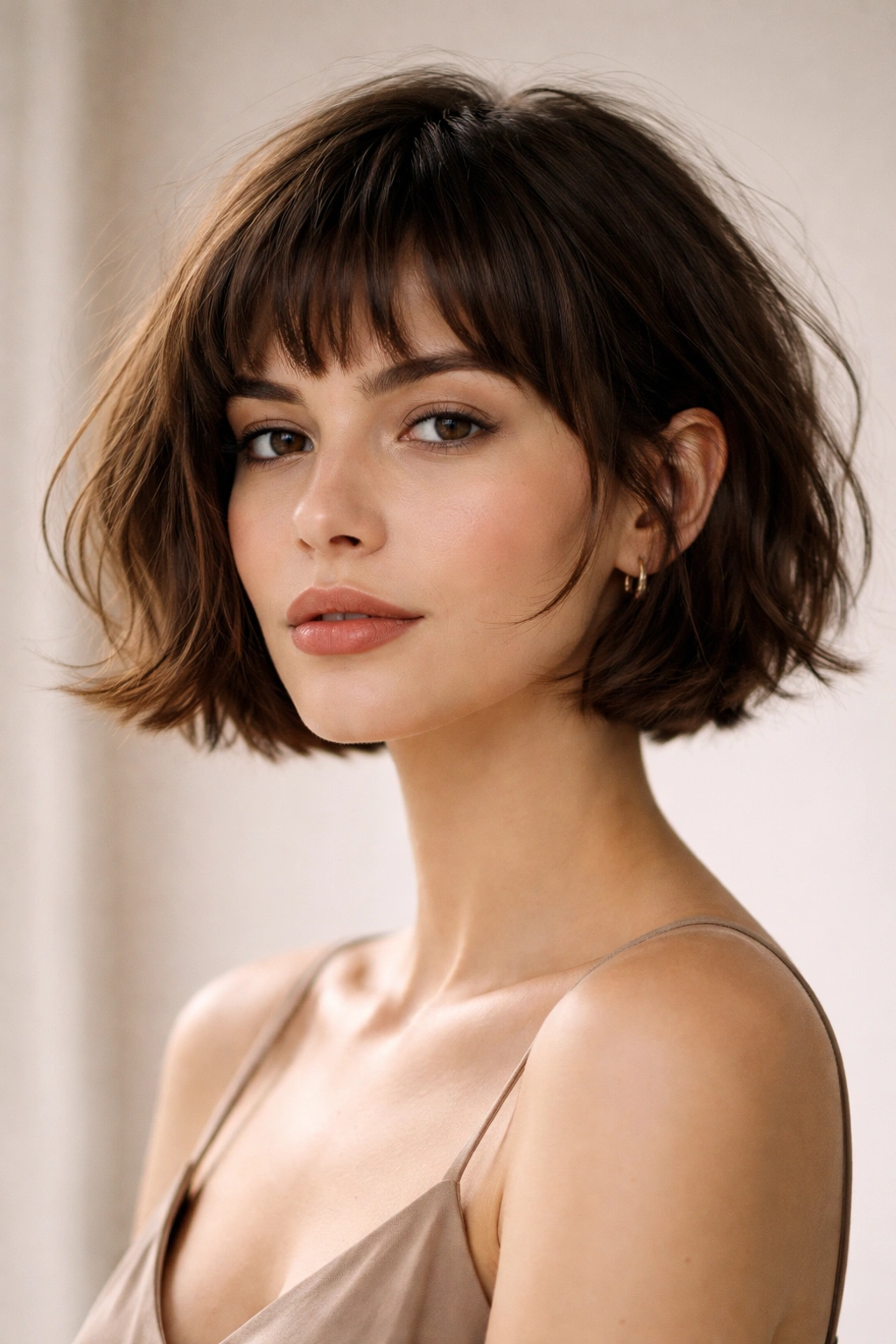 French bob with short bangs framing the face in a studio portrait