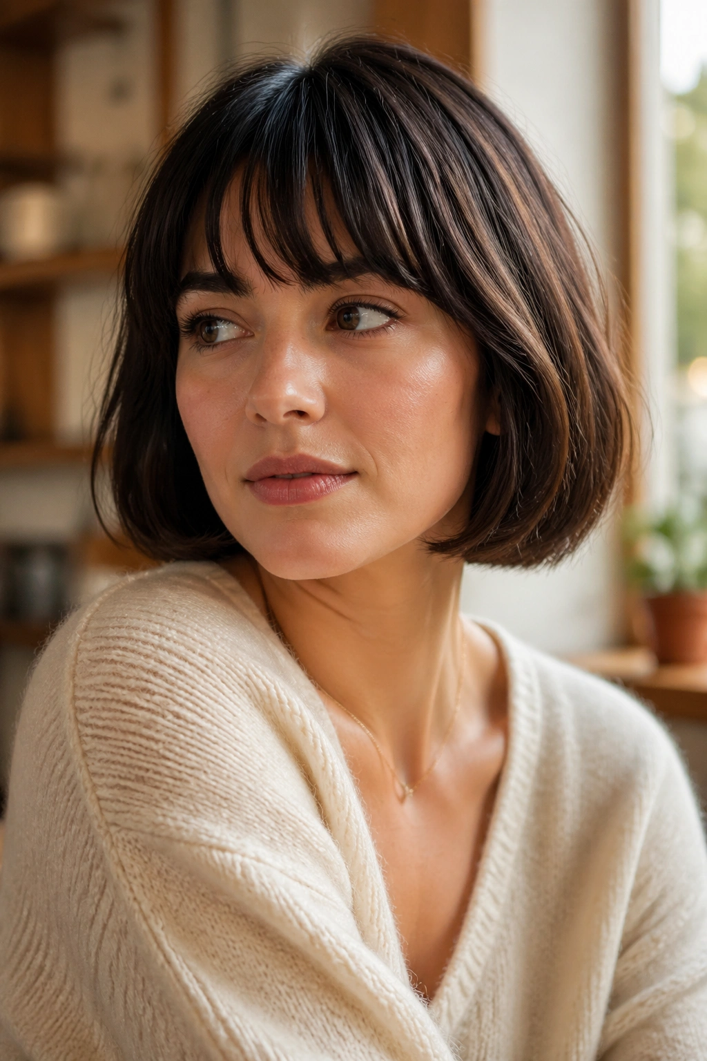 Portrait of a person with a French bob and brow-skimming bangs in warm light