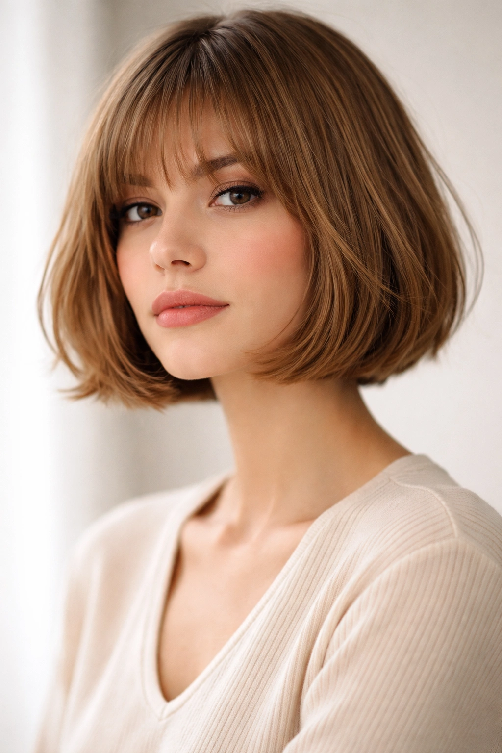 Portrait of French bob with beige-brown wispy bangs
