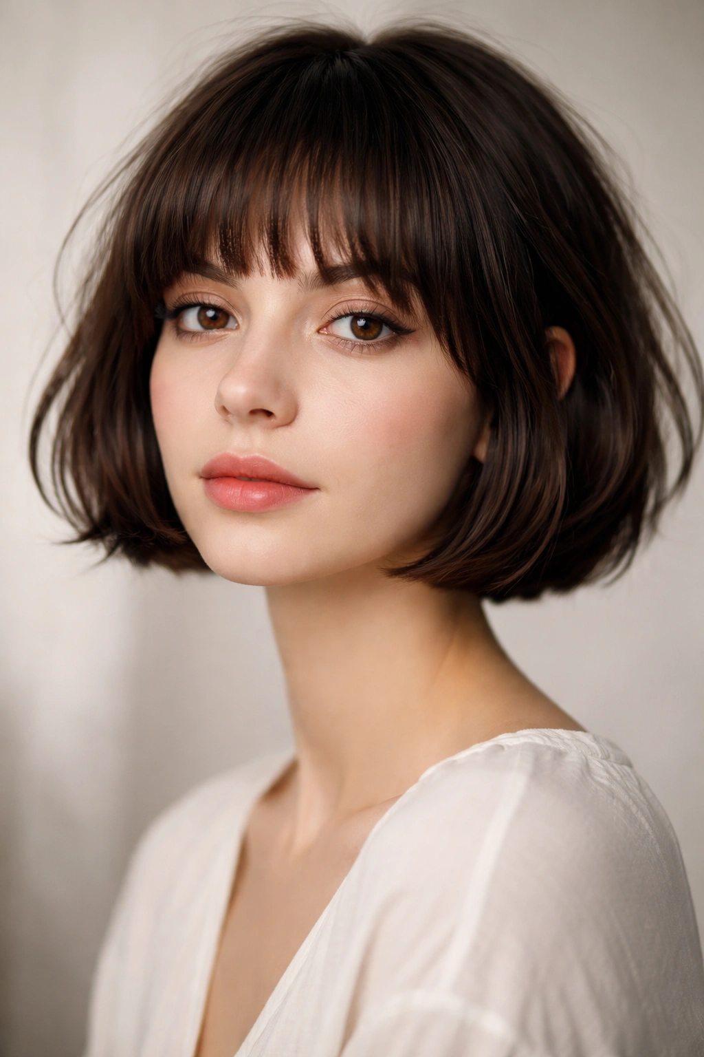French bob with brow-grazing bangs and textured fringe