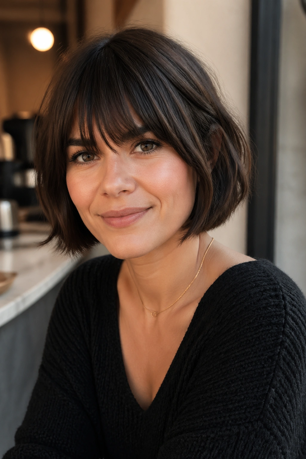 Close-up of a real woman with brow-grazing bangs framing the eyes