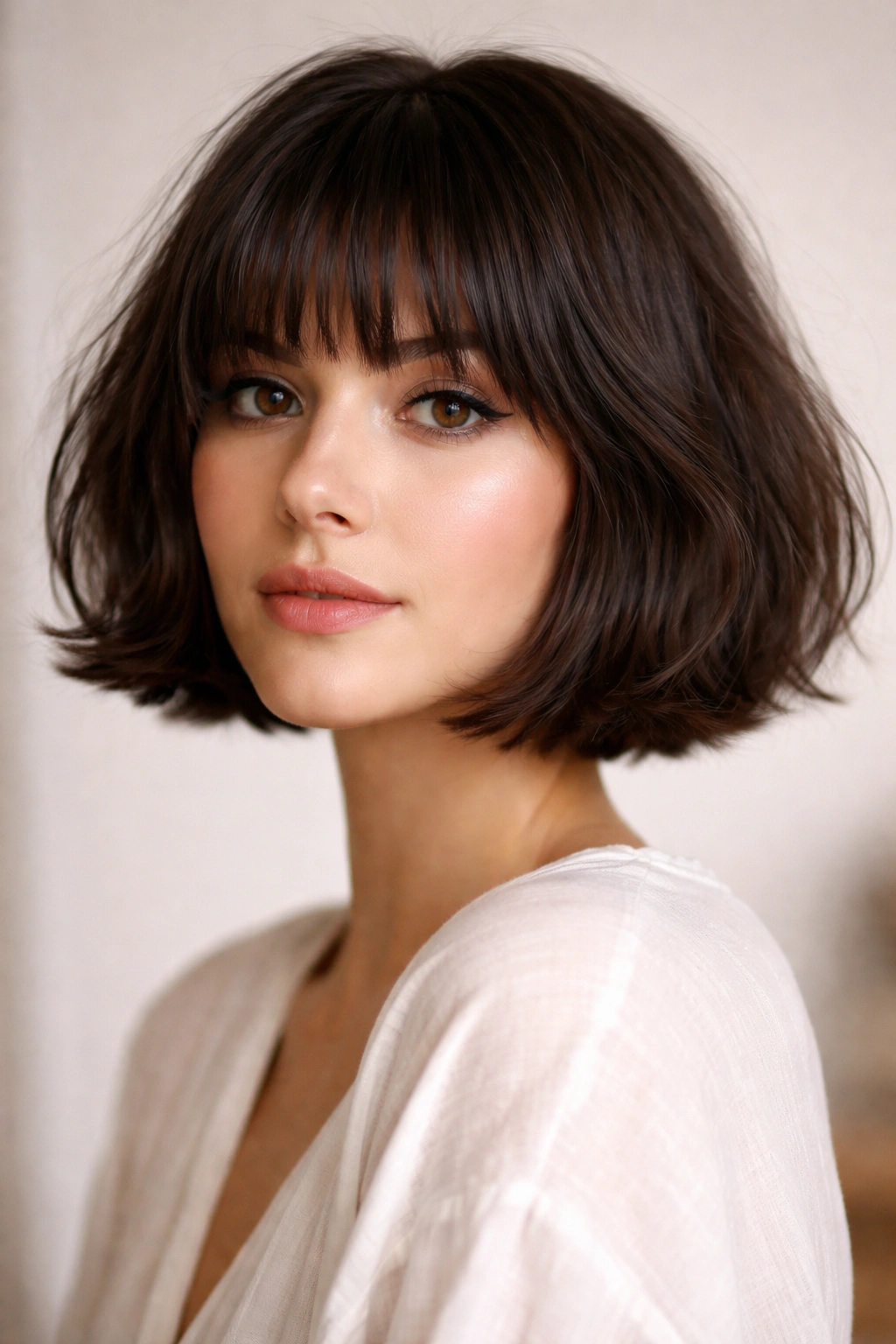Close-up of a French bob with brow-skimming bangs, jaw-length cut and soft texture