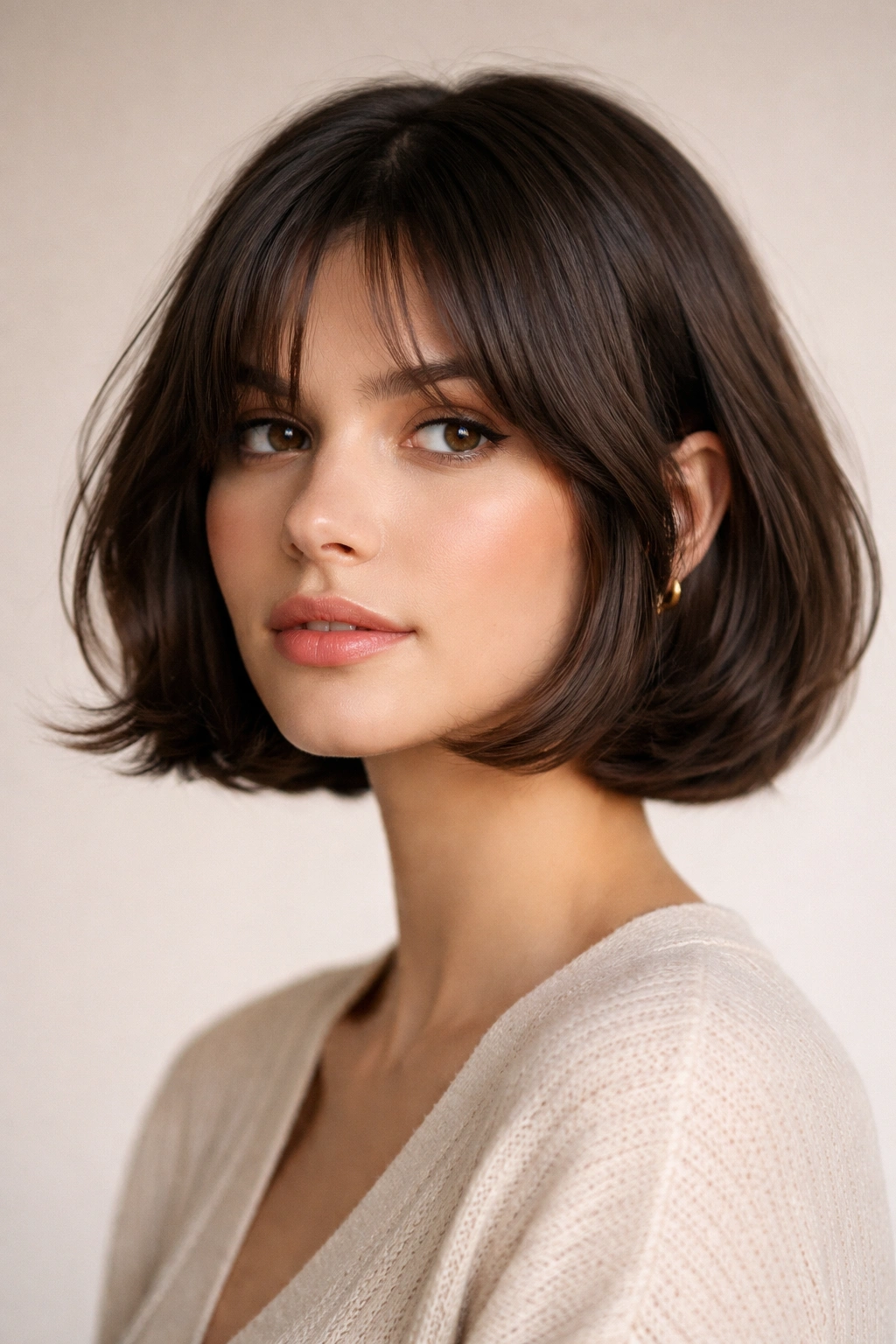 French bob with brow-skimming curtains in soft studio lighting