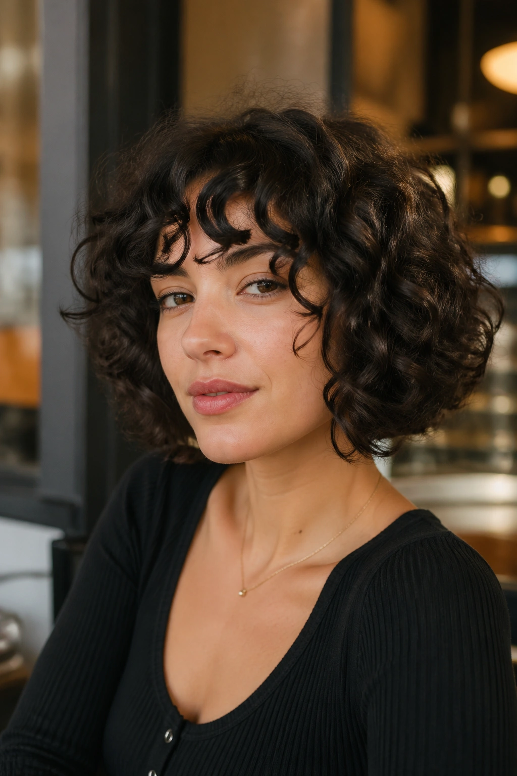 Close-up portrait of a real woman with a jaw-length French bob and curly bangs in warm cafe lighting.