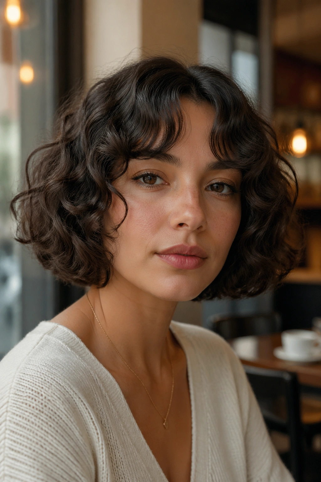 Close-up portrait of a real woman with French bob and curly curtain bangs
