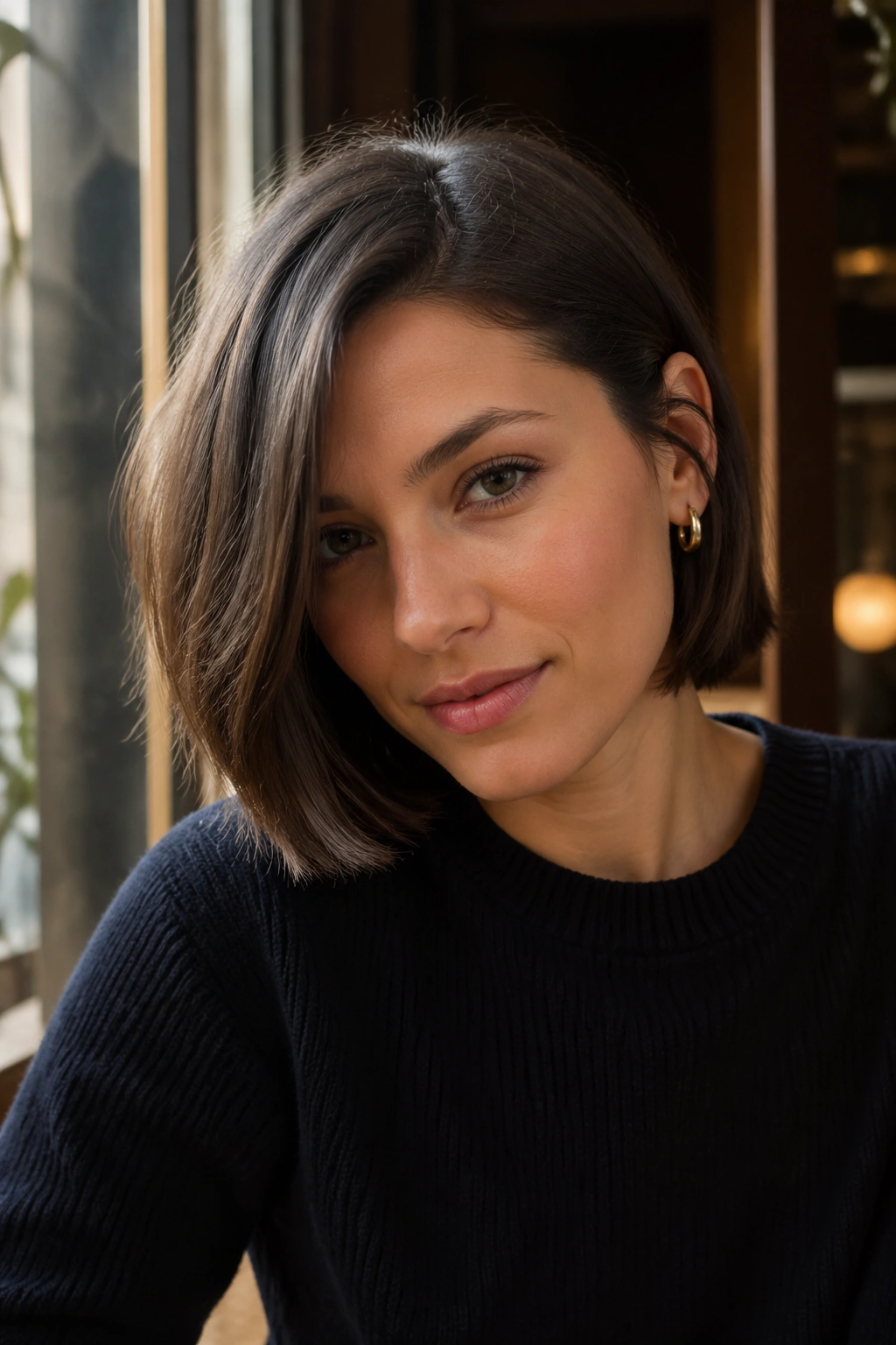 Portrait of a woman with side-part French bob and ear tuck