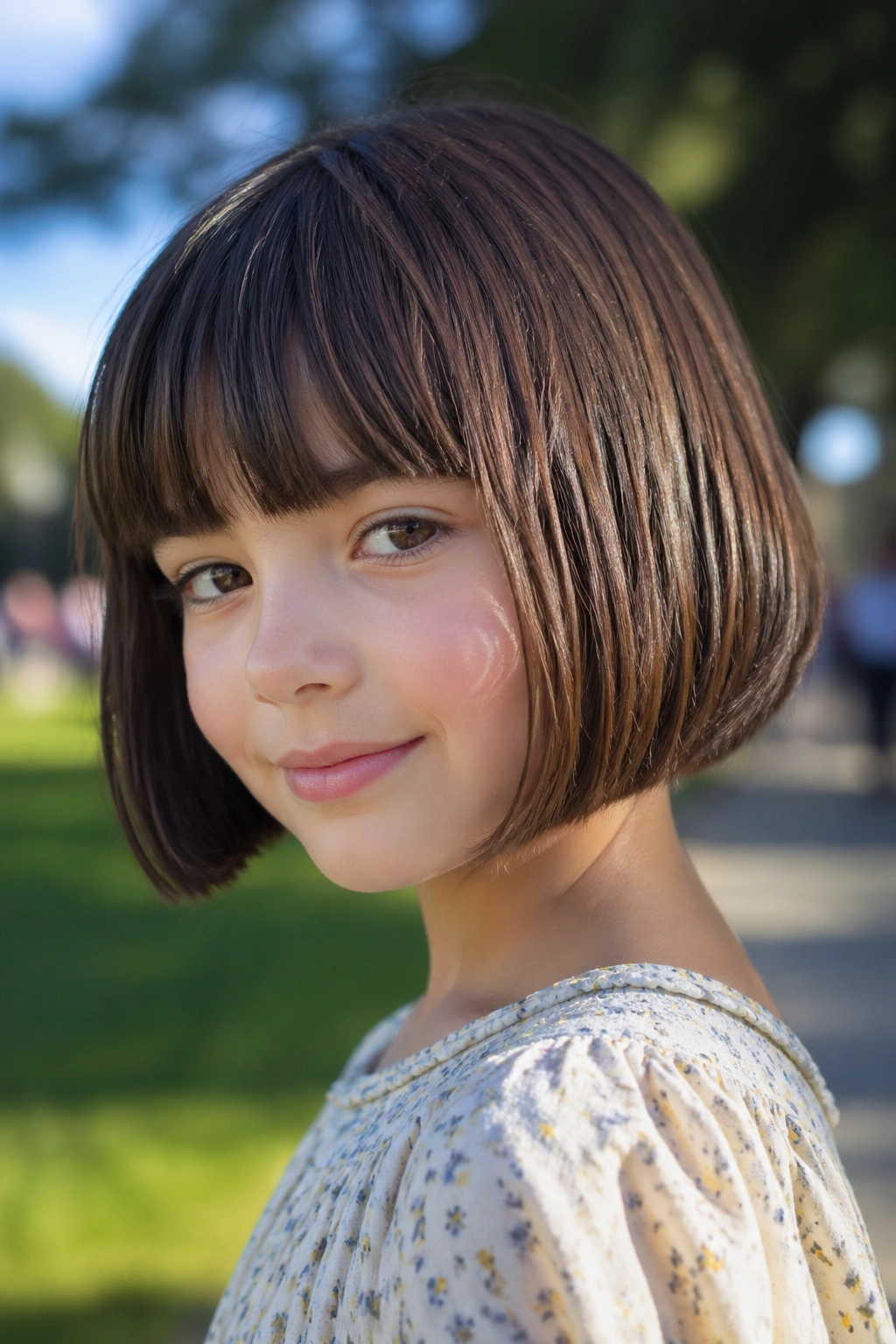 Real child girl with jaw-length French bob and eyebrow-skimming bangs in a sunny park.
