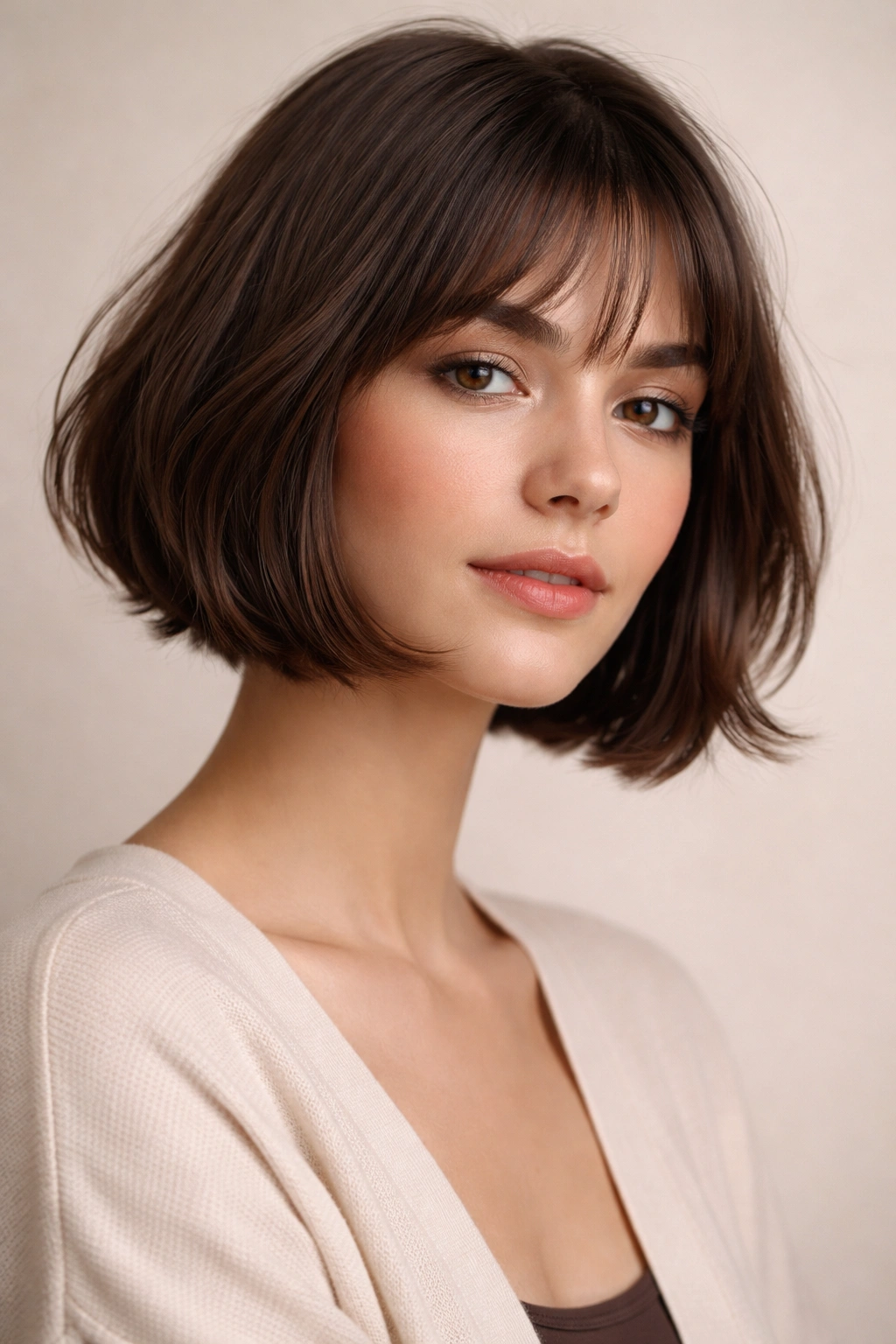 Close-up portrait of a person with a French bob featuring subtle face-framing pieces around the cheekbone.