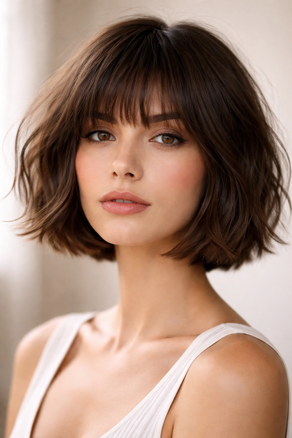 French bob with feathered fringe showing light texture and airiness
