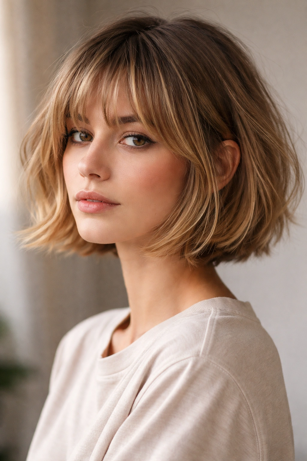 Portrait of a French bob with a piecey fringe in beige blonde tones