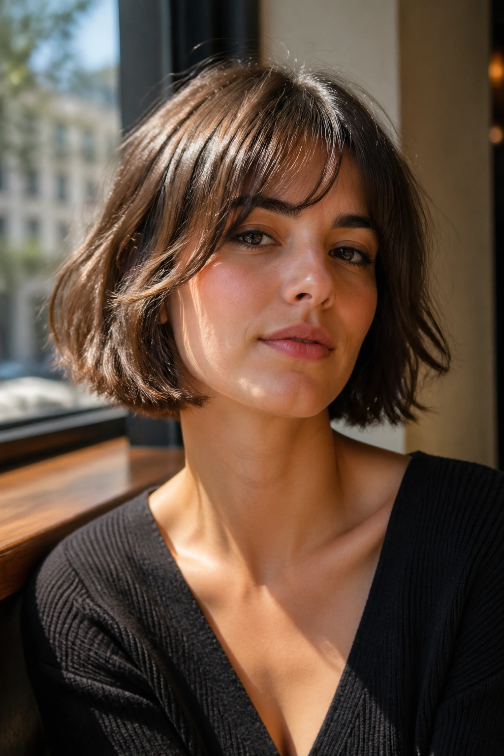 Close-up portrait of a real person with a chin-length French bob and soft fringe
