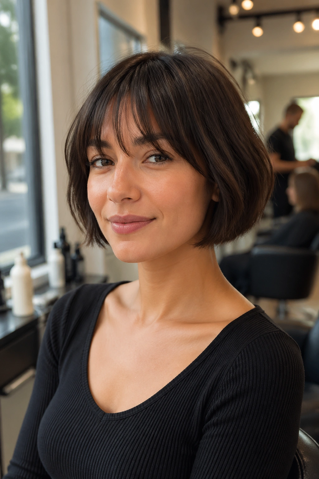 Close-up of a real woman with a French bob and soft fringe in bright salon light