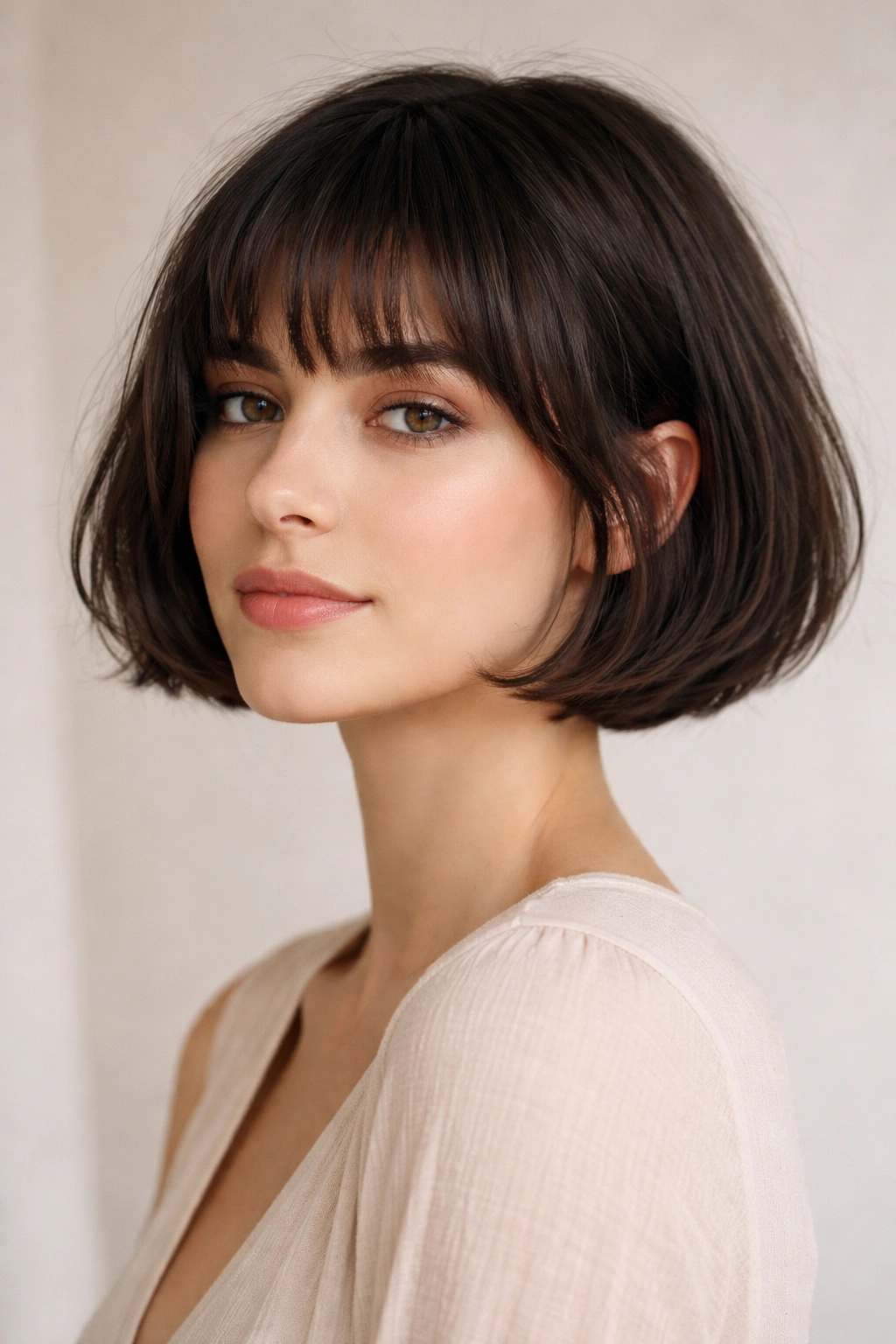 French bob with brow-skimming fringe and a compact silhouette