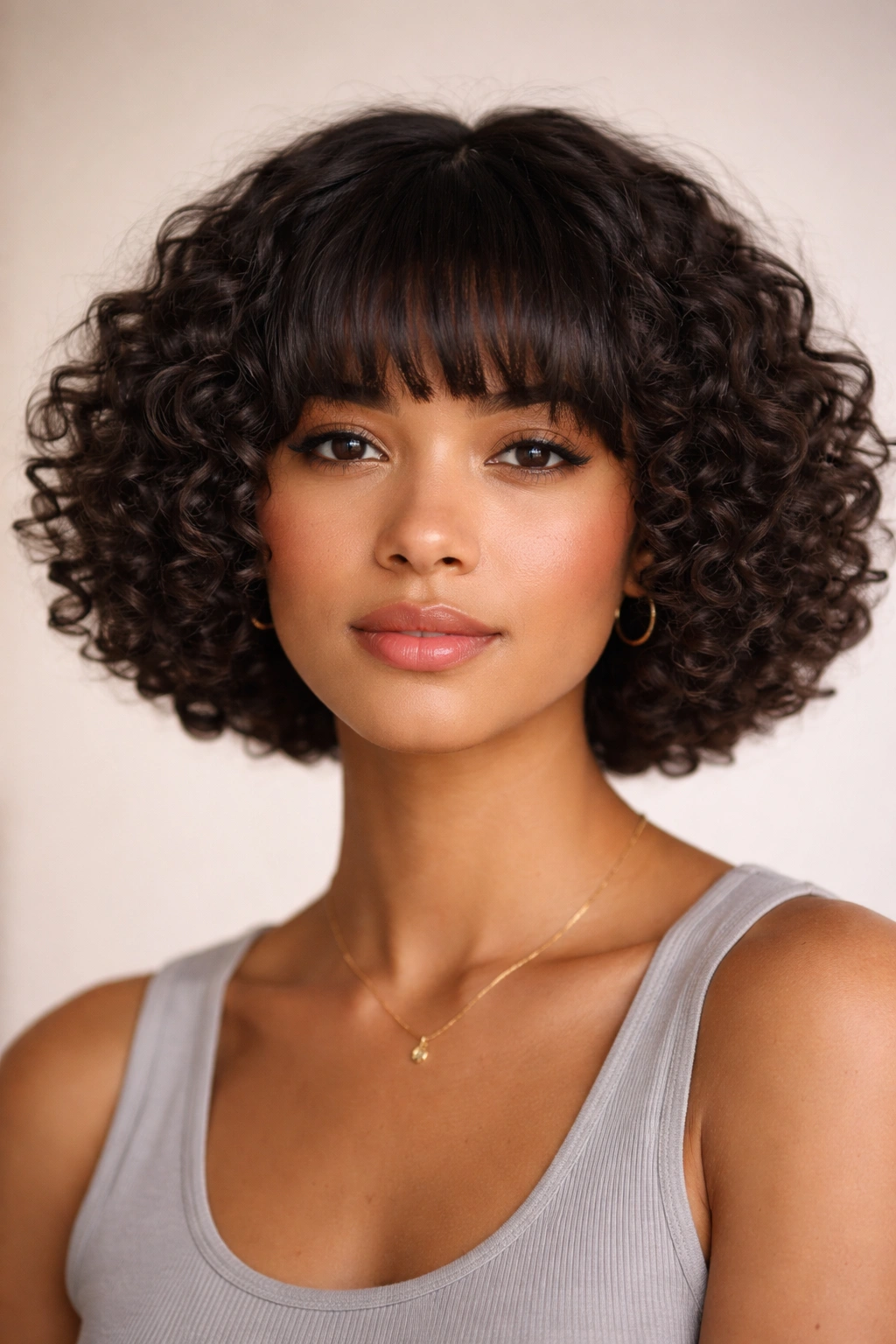 French bob with fringe on dense 3C curls