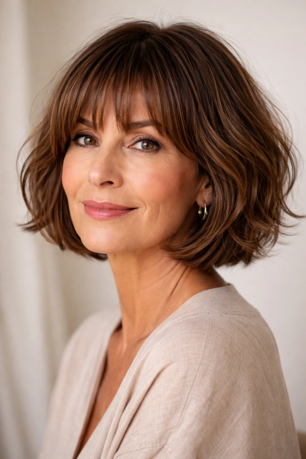 French bob with soft fringe framing the eyes and cheekbones.
