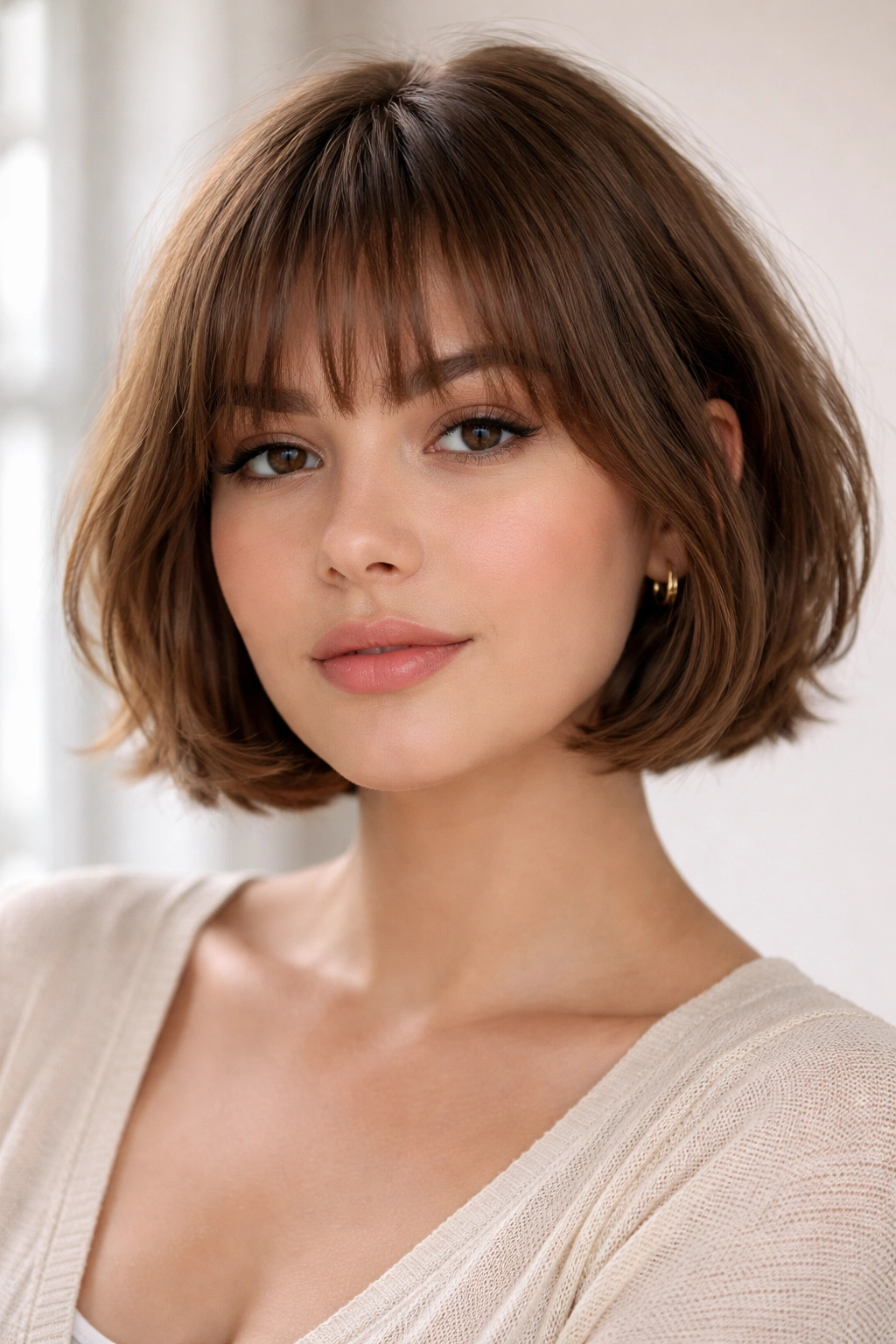 Close-up of French bob with light fringe framing the eyes