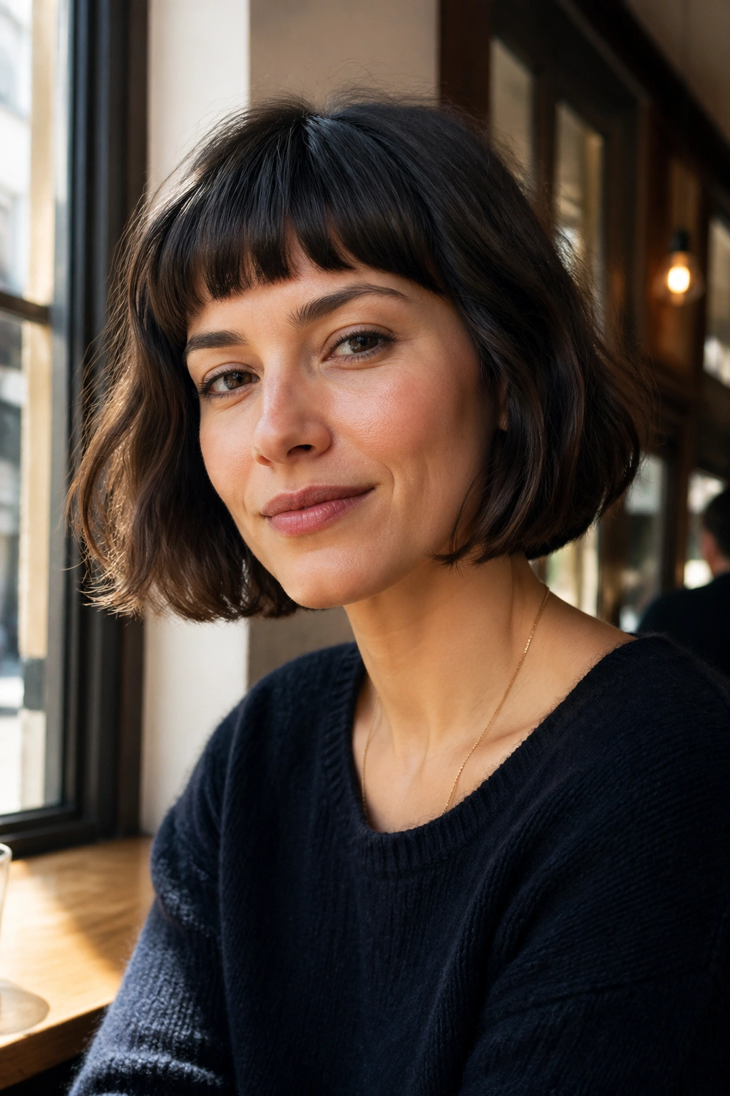 Real woman with French bob and short fringe in cafe light