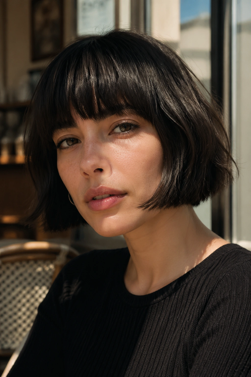 Close-up portrait of a woman with a French bob and heavy fringe.