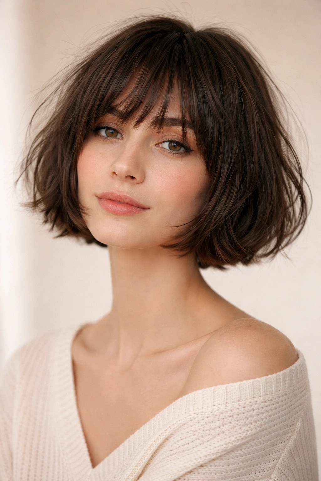 Cheek-length French bob with soft fringe and textured ends