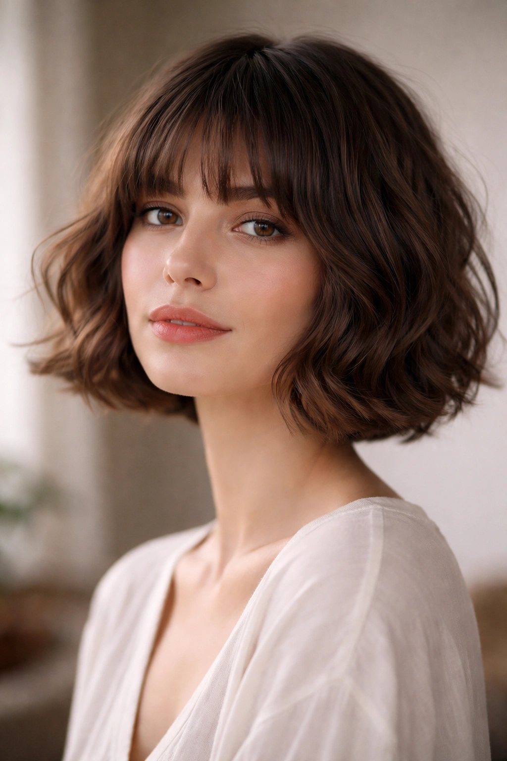 French bob with soft fringe on wavy hair