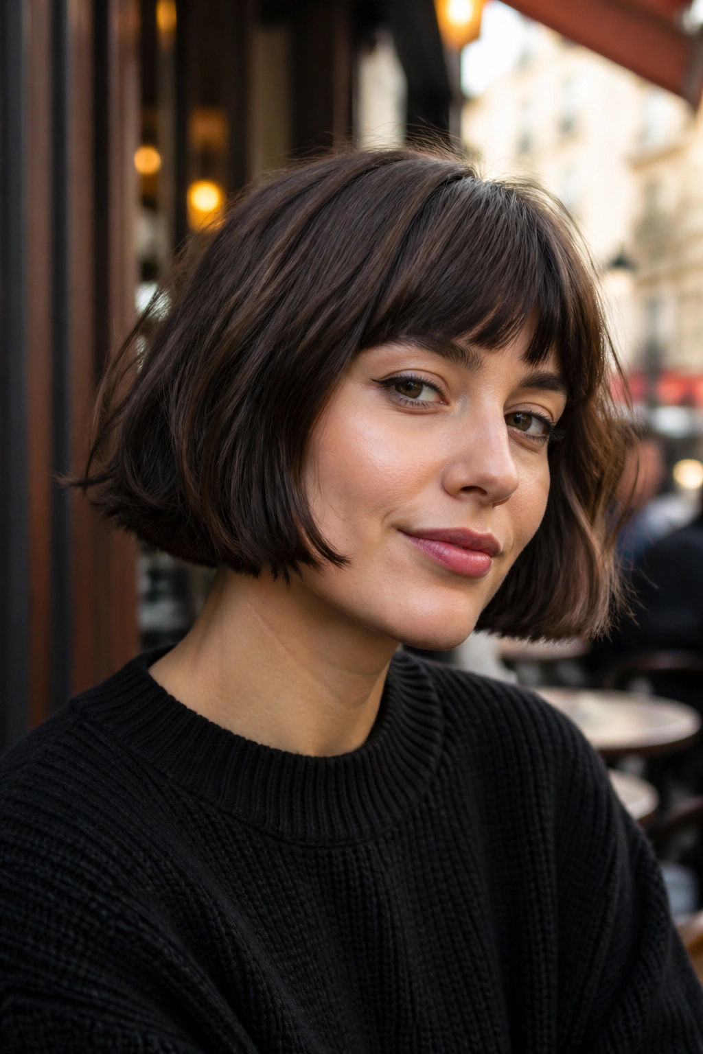 Close-up portrait of a real woman with a jaw-length French bob and soft fringe
