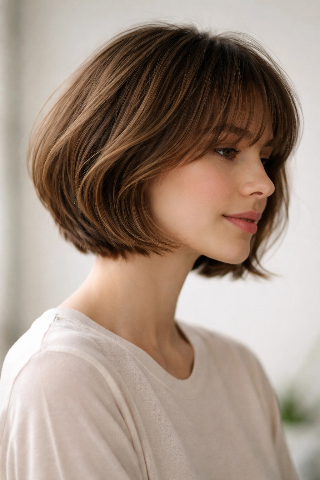 Layered French bob with airy bangs framing the face