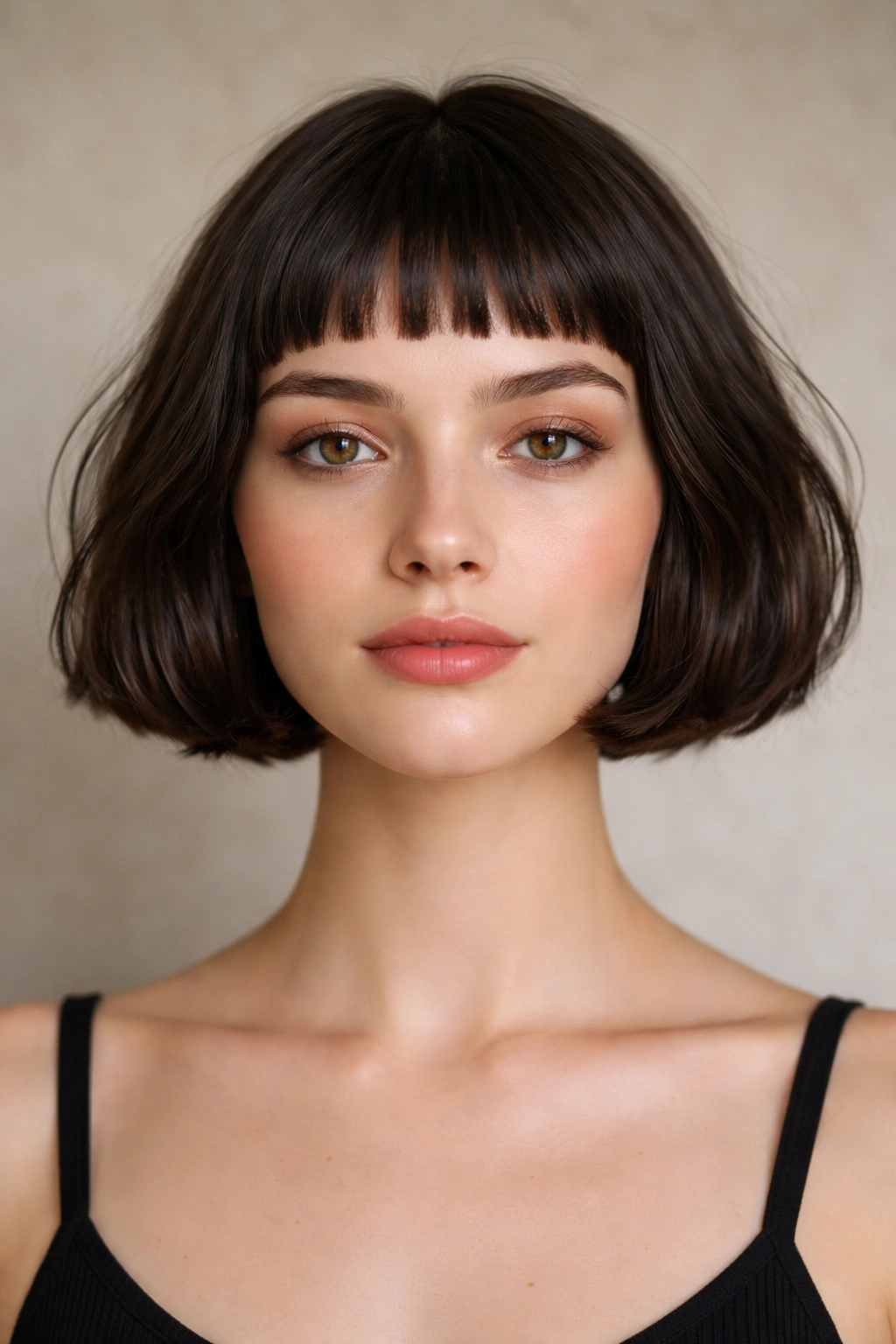 Front view of French Bob With Micro Bangs showing a short fringe above brows and chin-length bob