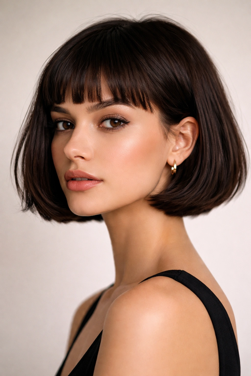 Close-up of a French bob with micro bangs on dark brown hair
