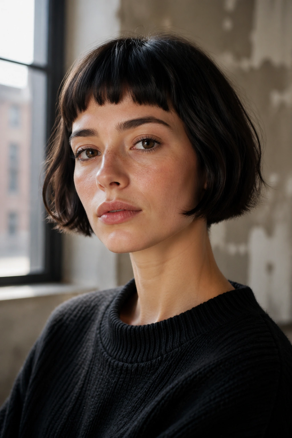Close-up portrait of a real woman with a chin-length French bob and micro bangs