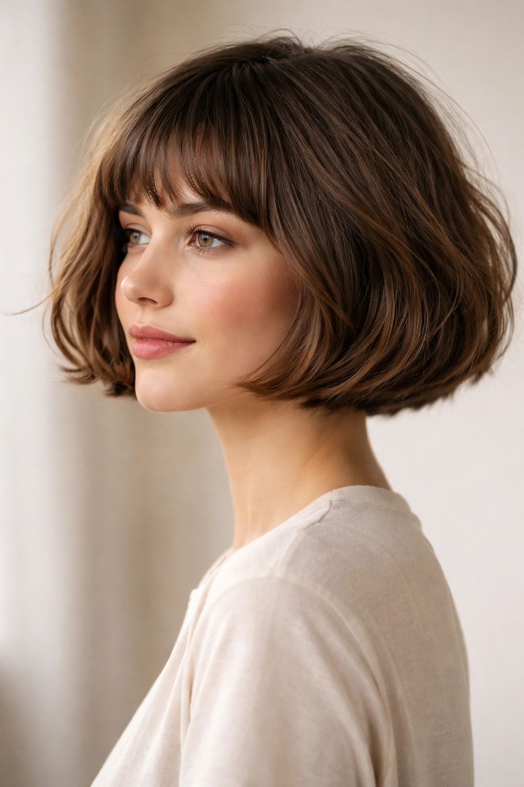 French bob with soft micro fringe and crown lift