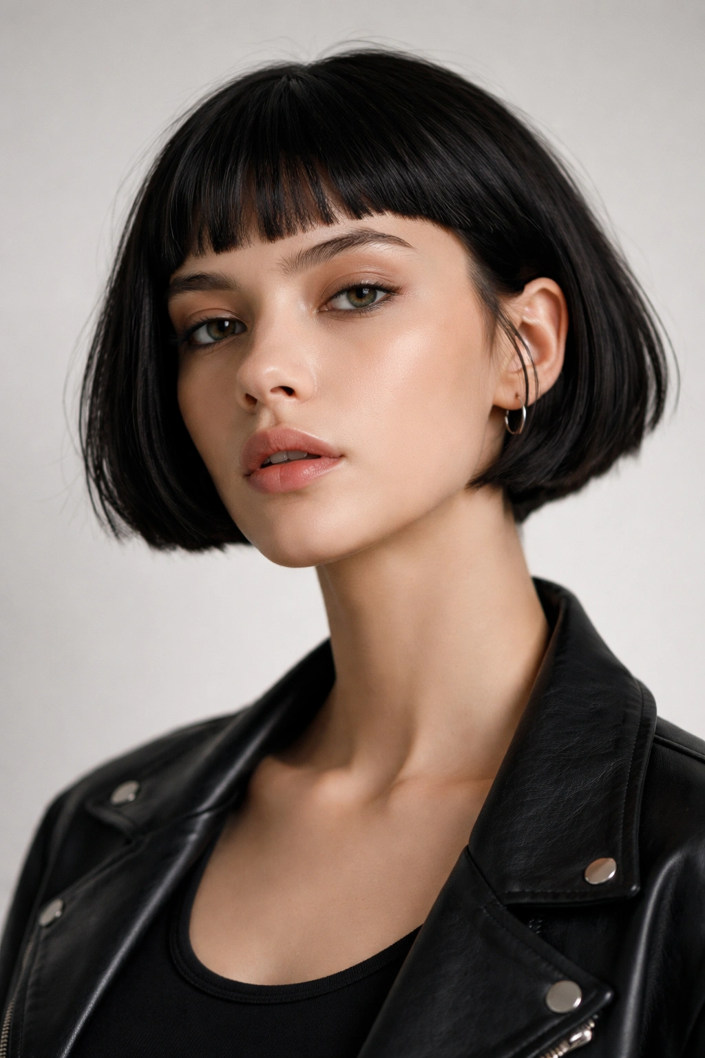 Model with a French bob and micro fringe in a neutral studio setting