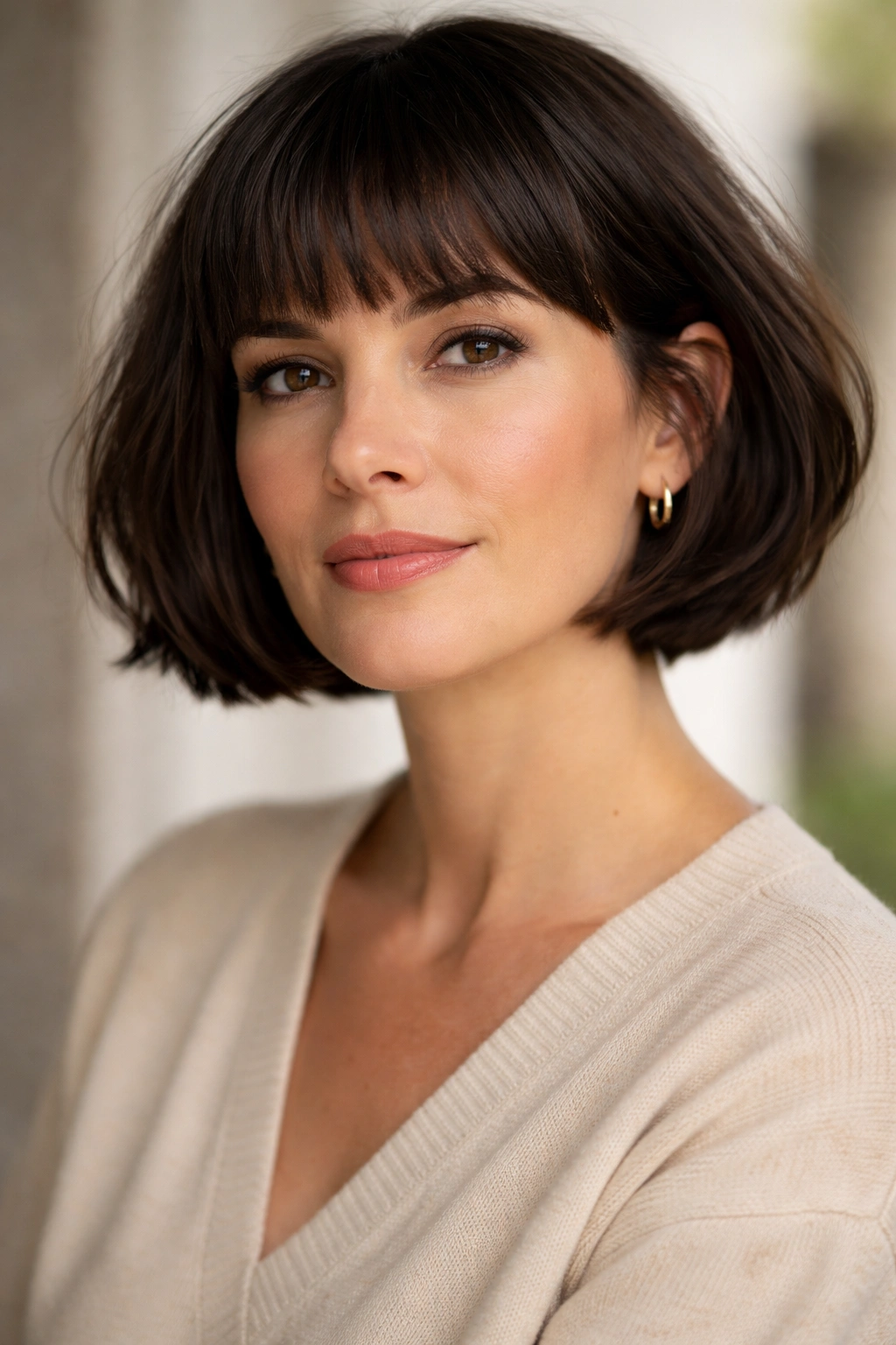Portrait of a woman with a French bob and a soft micro fringe under soft studio lighting