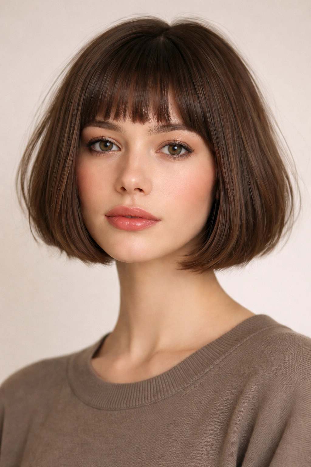 Front view of a model with a jaw-length French bob and a soft micro fringe