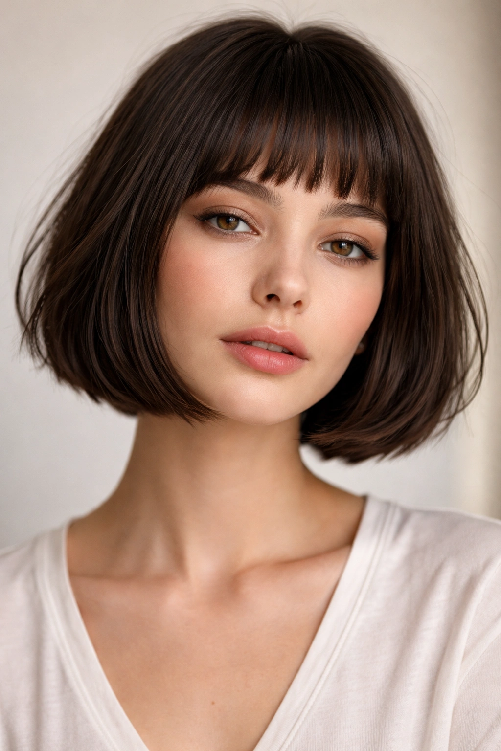 Front view of French bob with micro fringe adding weight and fullness